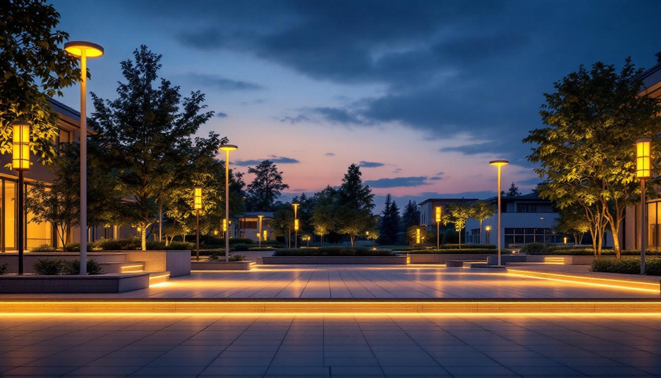 A photograph of a beautifully illuminated outdoor space featuring various styles of led lighting installations