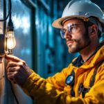A photograph of a lighting contractor using a heavy-duty light switch in a dynamic work environment