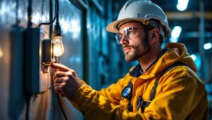 A photograph of a lighting contractor using a heavy-duty light switch in a dynamic work environment