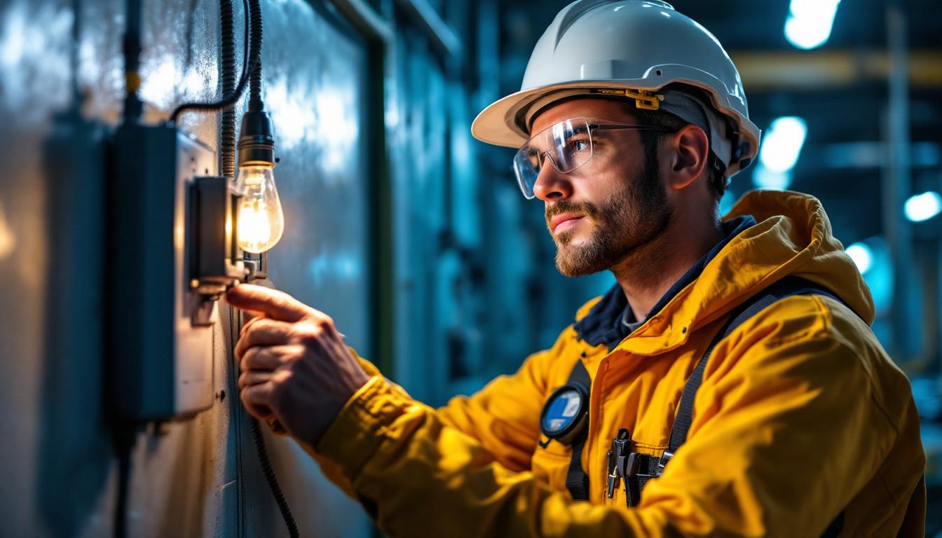 A photograph of a lighting contractor using a heavy-duty light switch in a dynamic work environment