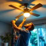 A photograph of a lighting contractor skillfully installing a stylish closeout ceiling fan in a beautifully lit room