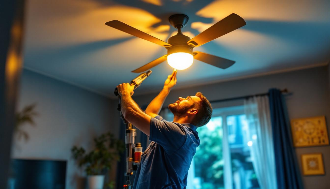 A photograph of a lighting contractor skillfully installing a stylish closeout ceiling fan in a beautifully lit room