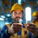 A photograph of a lighting contractor examining a t8 fixture while holding a t12 bulb