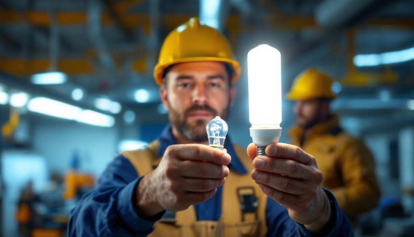 A photograph of a lighting contractor examining a t8 fixture while holding a t12 bulb