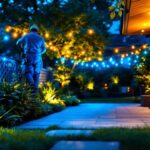 A photograph of a brightly lit outdoor scene showcasing a 12-volt led strip lighting installation
