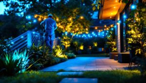 A photograph of a brightly lit outdoor scene showcasing a 12-volt led strip lighting installation