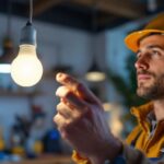 A photograph of a lighting contractor expertly installing a three-pin light bulb in a modern home setting