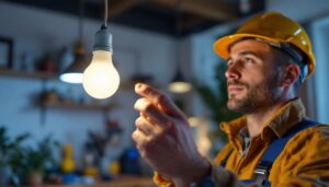 A photograph of a lighting contractor expertly installing a three-pin light bulb in a modern home setting