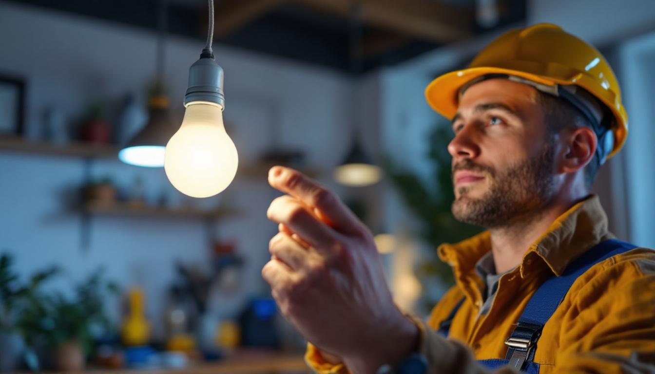 A photograph of a lighting contractor expertly installing a three-pin light bulb in a modern home setting