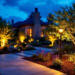 A photograph of a beautifully landscaped outdoor space illuminated by solar-powered light plants at dusk