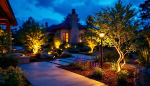 A photograph of a beautifully landscaped outdoor space illuminated by solar-powered light plants at dusk