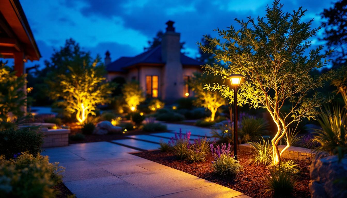 A photograph of a beautifully landscaped outdoor space illuminated by solar-powered light plants at dusk