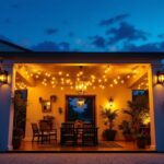 A photograph of a beautifully illuminated outdoor space featuring stylish ceiling lights
