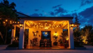 A photograph of a beautifully illuminated outdoor space featuring stylish ceiling lights