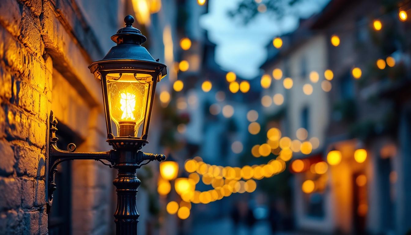 A photograph of a beautifully restored vintage gas light illuminating a charming street scene