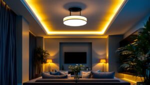 A photograph of a beautifully designed long flush mount ceiling light installed in a stylish