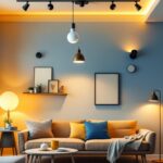 A photograph of a stylishly lit apartment interior showcasing a variety of modern light fixtures