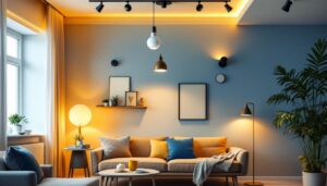 A photograph of a stylishly lit apartment interior showcasing a variety of modern light fixtures