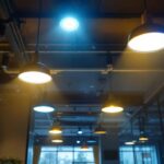 A photograph of a dynamic lighting installation in a commercial space