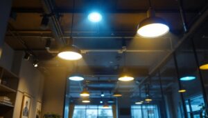 A photograph of a dynamic lighting installation in a commercial space