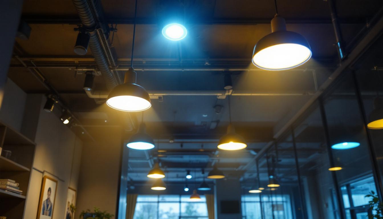 A photograph of a dynamic lighting installation in a commercial space