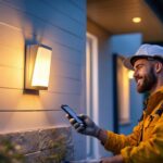 A photograph of a lighting contractor installing a smart outdoor light switch on a stylish home exterior