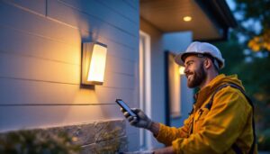 A photograph of a lighting contractor installing a smart outdoor light switch on a stylish home exterior