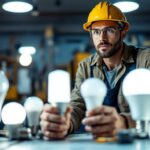 A photograph of a lighting contractor examining various types of led bulbs in a well-lit workspace