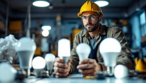 A photograph of a lighting contractor examining various types of led bulbs in a well-lit workspace