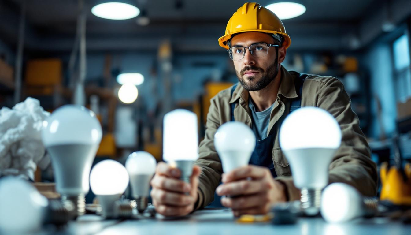 A photograph of a lighting contractor examining various types of led bulbs in a well-lit workspace