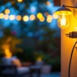 A photograph of a beautifully illuminated outdoor space featuring an outdoor light fixture with an outlet plug