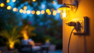 A photograph of a beautifully illuminated outdoor space featuring an outdoor light fixture with an outlet plug