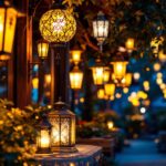 A photograph of a beautifully illuminated outdoor space featuring various styles of lanterns