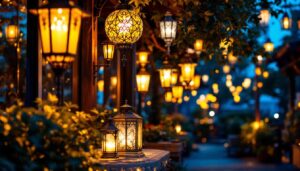 A photograph of a beautifully illuminated outdoor space featuring various styles of lanterns