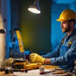 A photograph of a skilled lighting contractor in action