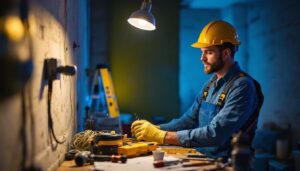 A photograph of a skilled lighting contractor in action