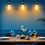 A photograph of a well-lit dining room setting featuring a beautifully arranged dinner table with stylish lighting fixtures overhead