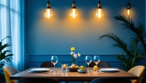 A photograph of a well-lit dining room setting featuring a beautifully arranged dinner table with stylish lighting fixtures overhead