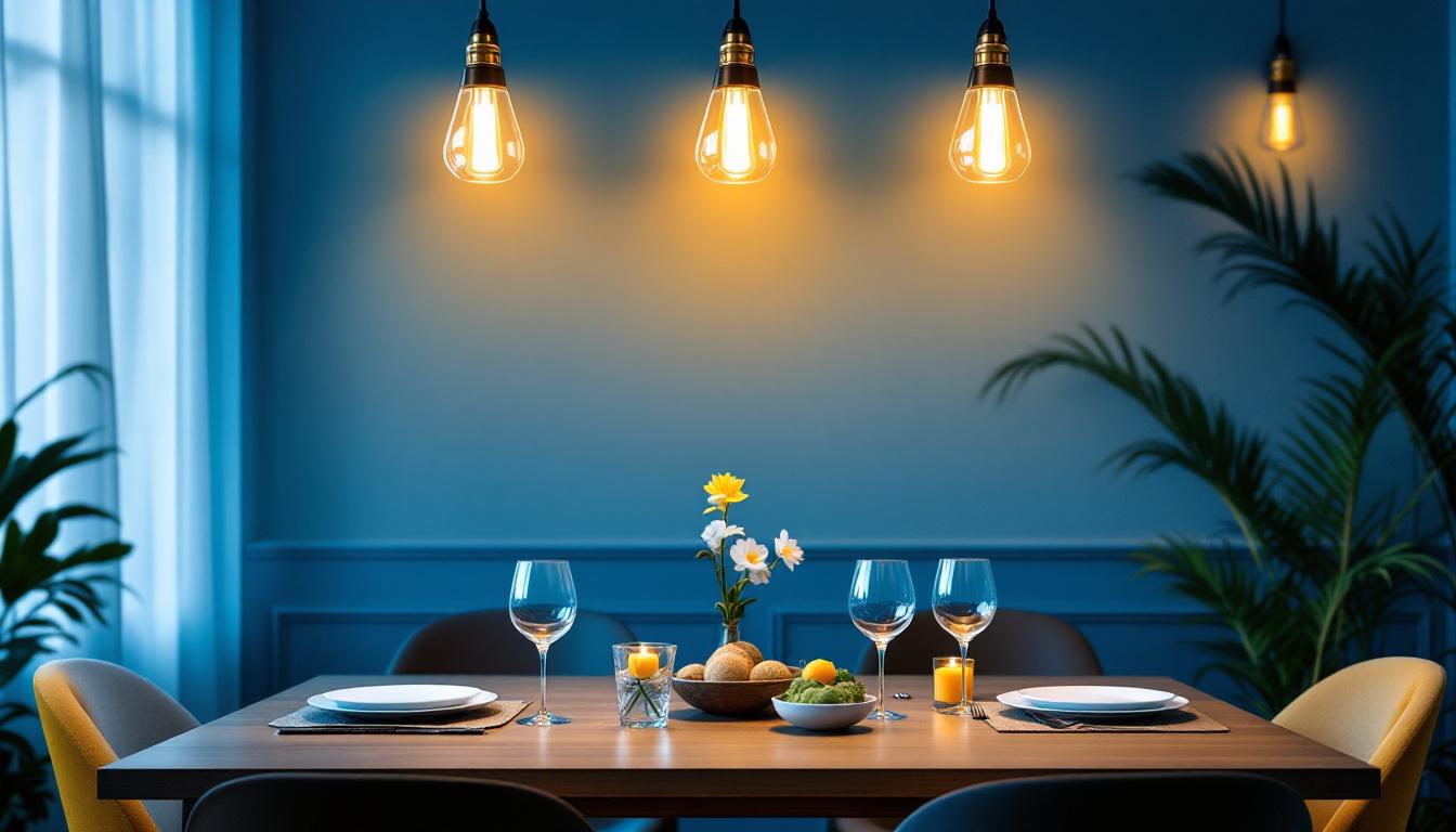 A photograph of a well-lit dining room setting featuring a beautifully arranged dinner table with stylish lighting fixtures overhead