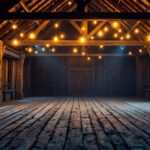 A photograph of a rustic barn interior illuminated by warm