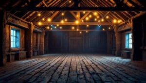 A photograph of a rustic barn interior illuminated by warm