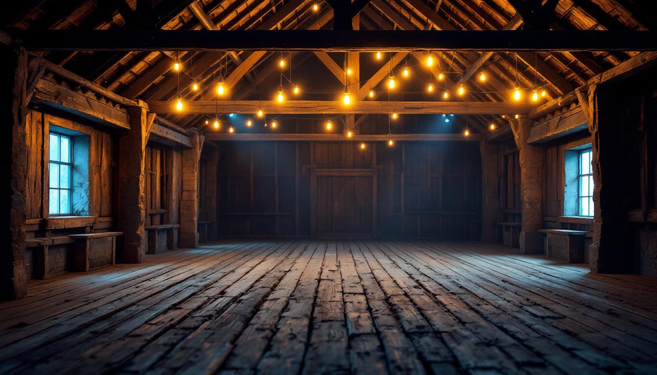 A photograph of a rustic barn interior illuminated by warm