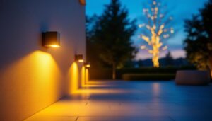 A photograph of a beautifully illuminated outdoor space at dusk