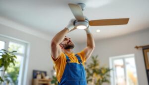 A photograph of a skilled lighting contractor installing a modern ceiling fan in a stylish home interior