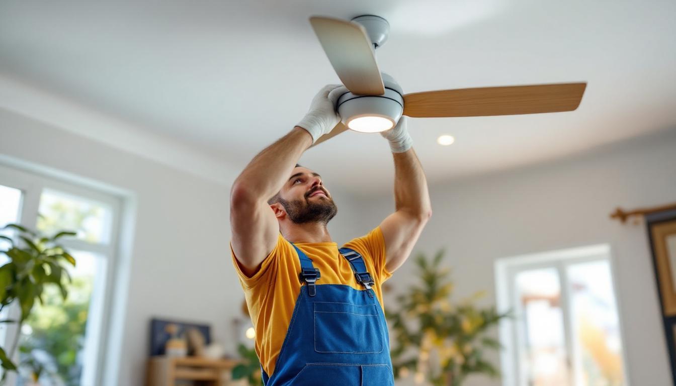 A photograph of a skilled lighting contractor installing a modern ceiling fan in a stylish home interior