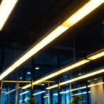 A photograph of a well-lit modern interior featuring long led ceiling lights