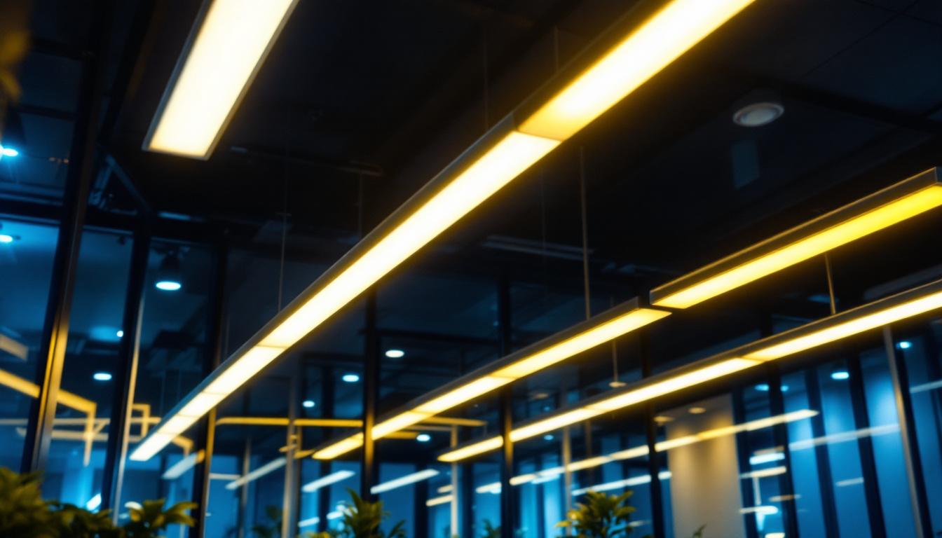 A photograph of a well-lit modern interior featuring long led ceiling lights