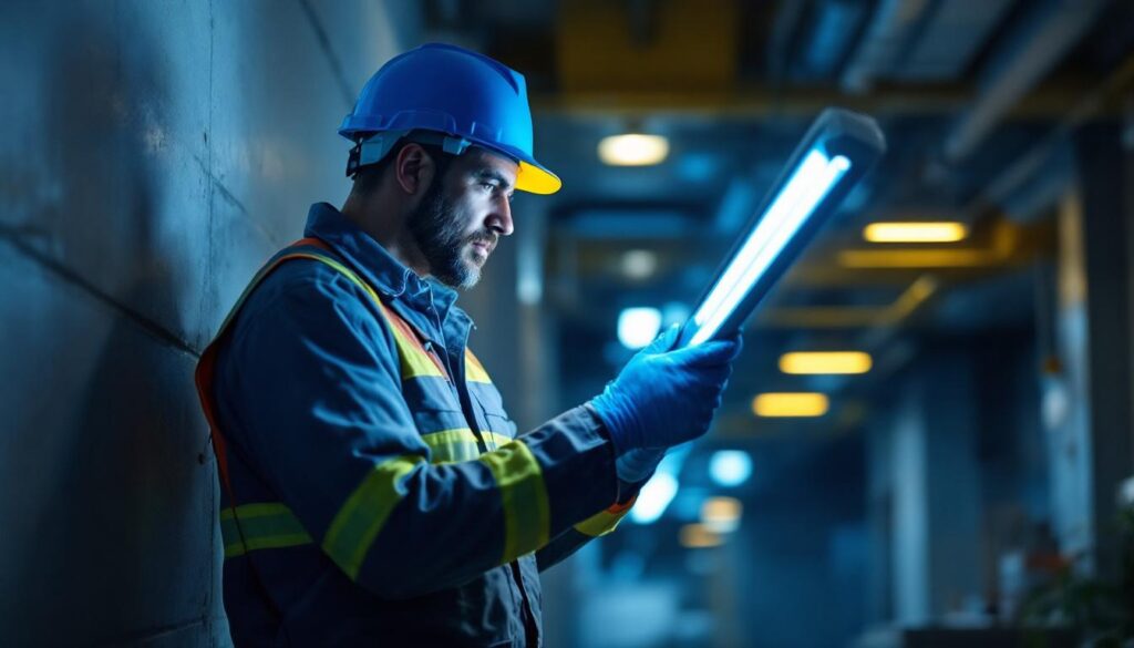 A photograph of a lighting contractor inspecting a uv-c germicidal lamp installation in a commercial setting