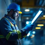 A photograph of a lighting contractor inspecting a uv-c germicidal lamp installation in a commercial setting