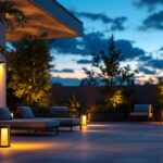 A photograph of a beautifully designed outdoor space illuminated by stylish solar-powered lights at dusk